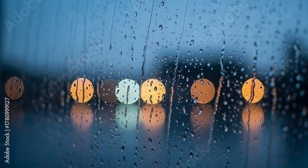 Fototapeta Rain droplets on window with blurred city lights at night  
