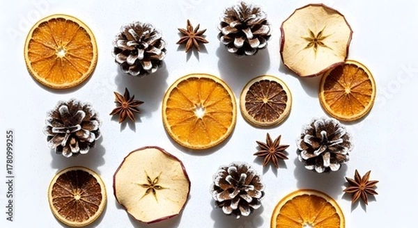 Fototapeta Dried orange slices and pine cones arranged on white background  