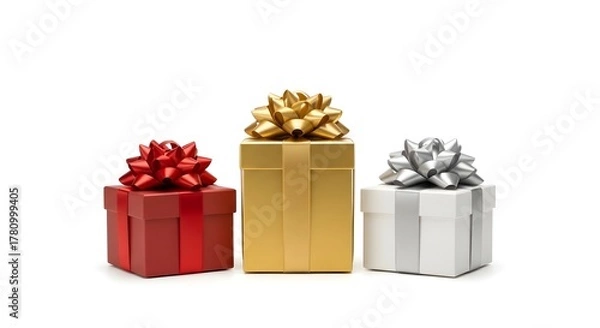 Fototapeta Three gift boxes with bows in red, gold, and silver colors  