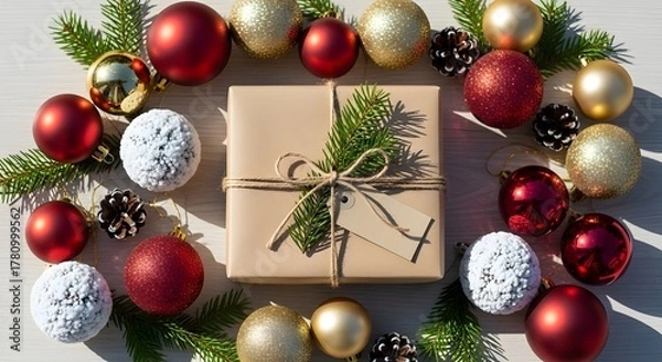 Fototapeta Christmas gift wrapped in brown paper surrounded by festive ornaments  