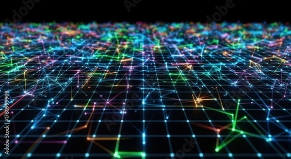 Fototapeta Abstract Digital Network - Vibrant Illuminated Grid with Connected Nodes on Black.