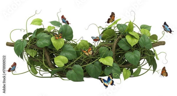 Obraz A lush green philodendron plant with heart shaped leaves and delicate vines intertwined with a decorative metal frame isolated on transparent background