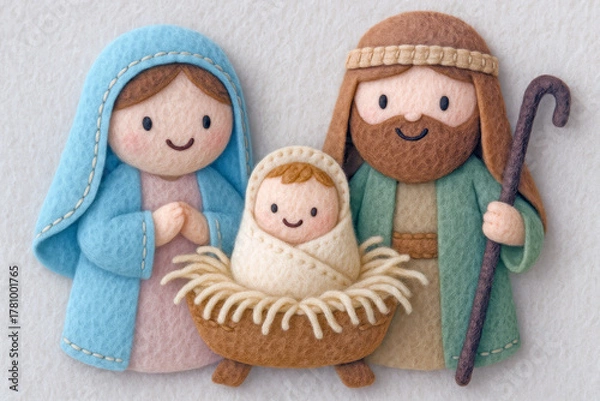 Fototapeta Cute felt nativity scene with Mary, Joseph, and baby Jesus in pastel colors, handmade wool texture illustration for Christmas greeting card or home decoration design