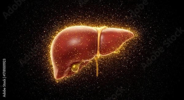 Obraz Glowing Human Liver - Detailed Anatomical Representation with Golden Particle Aura on Black Background.