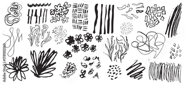 Fototapeta Trendy hand-drawn doodle elements with bold brush strokes and organic shapes, perfect for creative branding, packaging, and holiday decor. Vector illustration