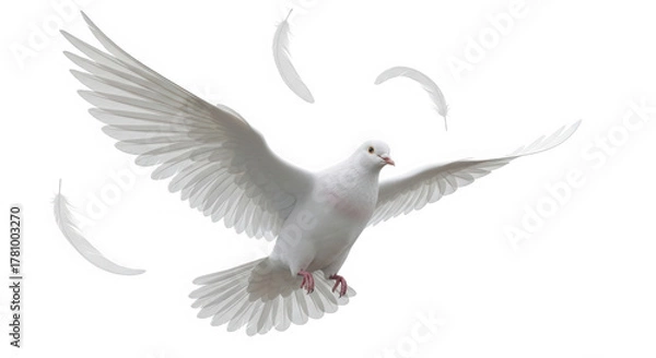Obraz A majestic white dove with outstretched wings in flight surrounded by falling feathers isolated on transparent background