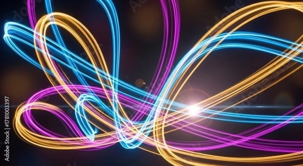 Fototapeta Abstract Neon Light Trails - Dynamic Curves of Blue, Gold, and Purple on Black Background.