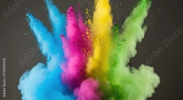 Fototapeta Vibrant Explosion of Rainbow Powder - A Dynamic Burst of Blue, Pink, Yellow, and Green Pigment Clouds Against a Dark Background.