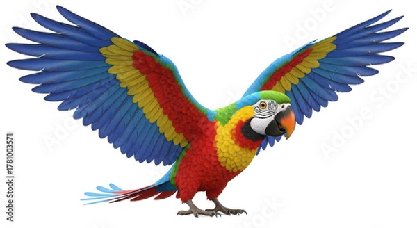 Fototapeta Vibrant blue and yellow macaw parrot with wings spread wide in flight isolated on transparent background