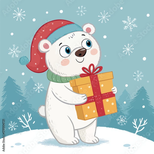 Fototapeta Vector cartoon illustration of a snowman on a Christmas holiday greeting card with gifts, snow, and a hat