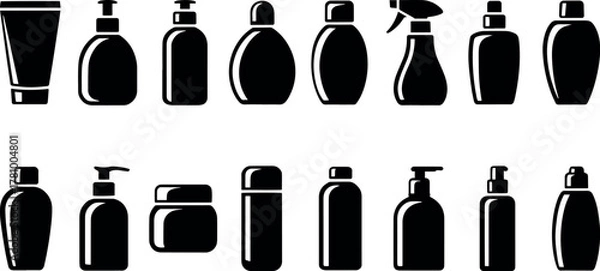 Fototapeta Collection of various black cosmetic bottles isolated on transparent background, showcasing diverse shapes and sizes for beauty and personal care products
