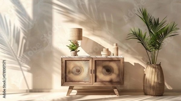 Fototapeta Sunlit, rustic wooden cabinet with lamp and plants, palm shadows on beige wall