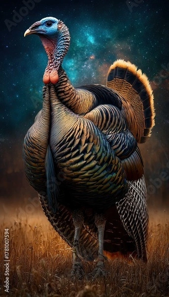 Fototapeta thanksgiving mobile smartphone wallpaper lockscreen wild turkey in a golden cornfield under a deep twilight sky filled with stars and faint aurora
