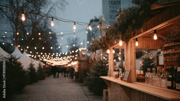 Fototapeta Charming Christmas market scene featuring wooden stalls adorned with festive lights, creating warm and inviting atmosphere