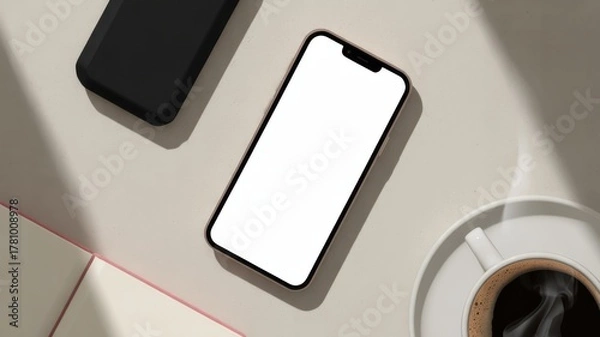 Fototapeta Modern smartphone displaying blank screen with light shadows and coffee cup overhead shot