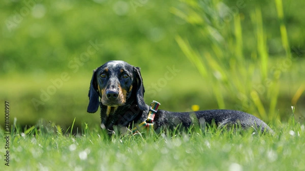Obraz Close-up of dachshund lies on green field.