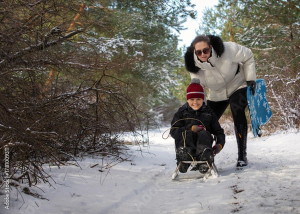 Obraz Little boy with his mother on a sledding hill in the forest during winter.