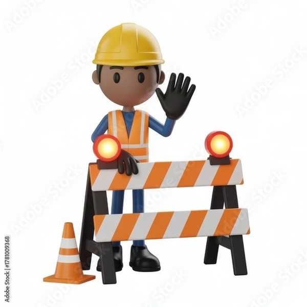Fototapeta Stylized construction worker character with safety barrier and traffic cone 3d render