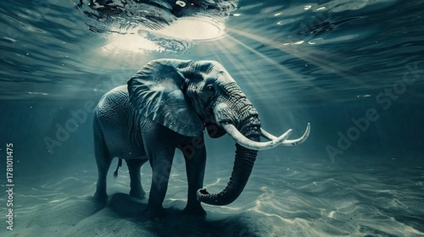 Fototapeta Surreal underwater scene features a majestic elephant with sunlight streaming through the surface