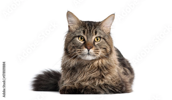 Obraz Maine coon cat lying down looking at camera