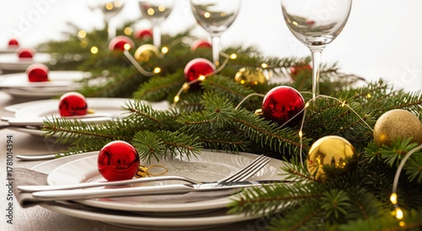 Fototapeta Christmas dinner table setting with decorated plates and pine branches  