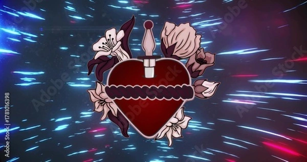 Fototapeta Showcasing stylized red heart, rope, dagger, flowers and streaking light rays on digital canvas