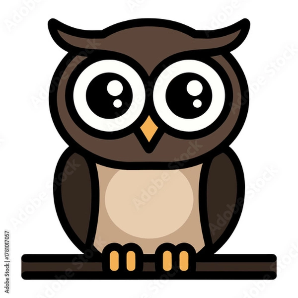 Fototapeta Cartoon Owl Perched on a Branch with Big Eyes.