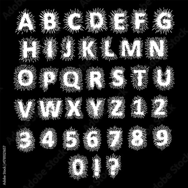 Obraz A bold and artistic font set featuring all capital letters A–Z and numbers 0–9, designed with dynamic spiky, burst-like textures radiating from each character.