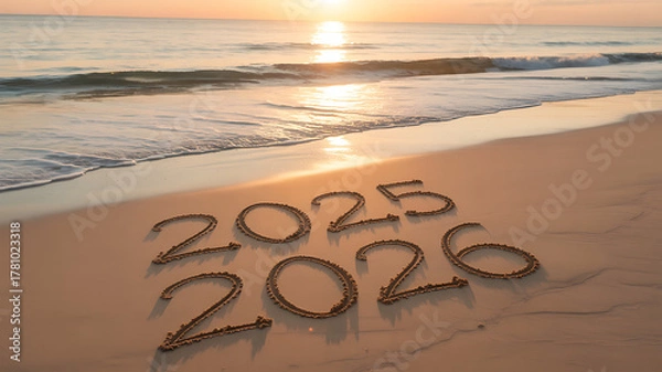 Obraz Welcome to new year 2025 and 2026 written in beach sand