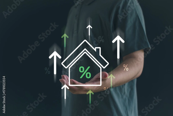 Fototapeta Person holding a digital house icon with percentage and upward arrows, symbolizing increasing mortgage interest rates, property investment, and real estate market growth.