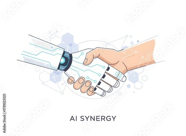Obraz Human and robot handshake representing collaboration, partnership, and future technology advancements, creating a dynamic and innovative business environment