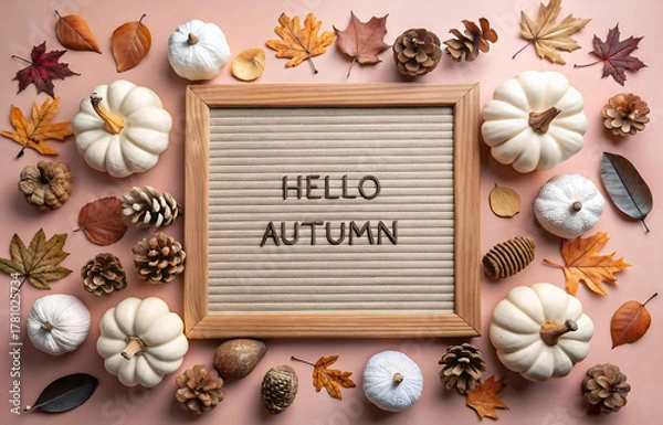 Fototapeta Autumn card with hello autumn text, pumpkins, pine cones and autumn decor