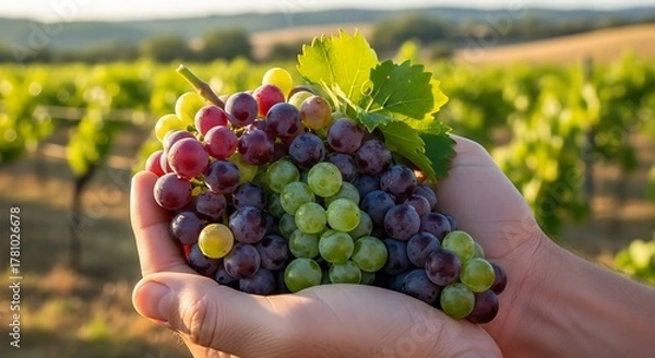 Obraz Hands holding a fresh bunch of red and green grapes in a vineyard at sunset, showcasing the harvest and natural beauty of the fruit.