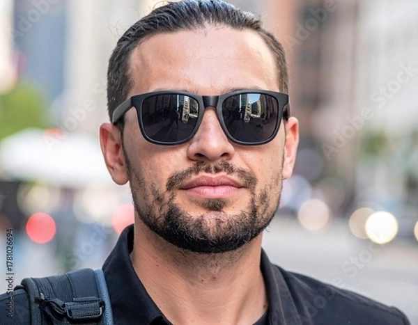 Obraz Confident Man with Beard and Sunglasses Posing on a City Street - Urban Lifestyle Portrait