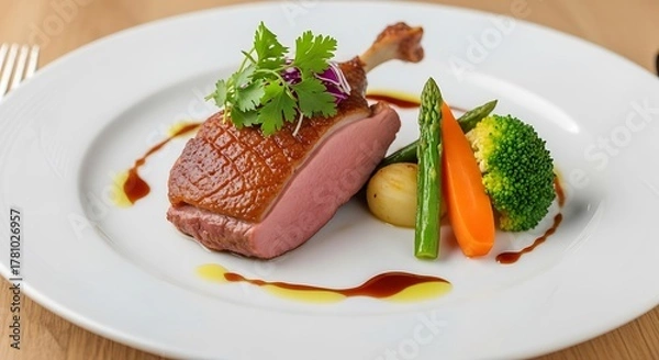 Fototapeta Gourmet Duck Breast with Roasted Vegetables and Sauce.