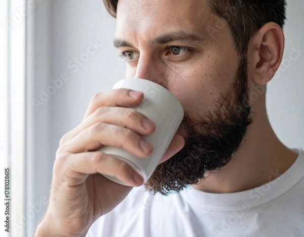 Fototapeta Close-up of a thoughtful bearded man enjoying a warm beverage from a white cup, finding a moment of peace