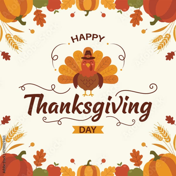Fototapeta 
Happy Thanksgiving Day illustration featuring turkey bird, pumpkin, autumn leaves, and festive decorative elements in a colorful flat cartoon hand drawn style for holiday templates.