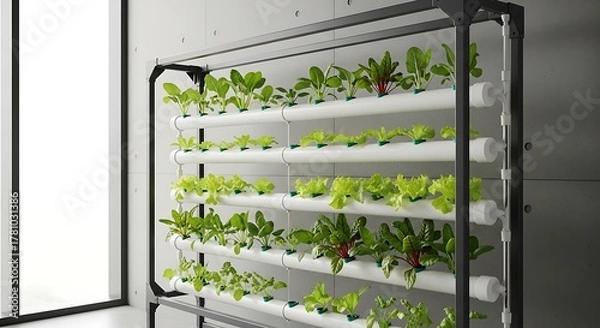 Fototapeta Indoor Vertical Hydroponic Garden with Lush Green Plants Growing in a Modern Urban Setting.