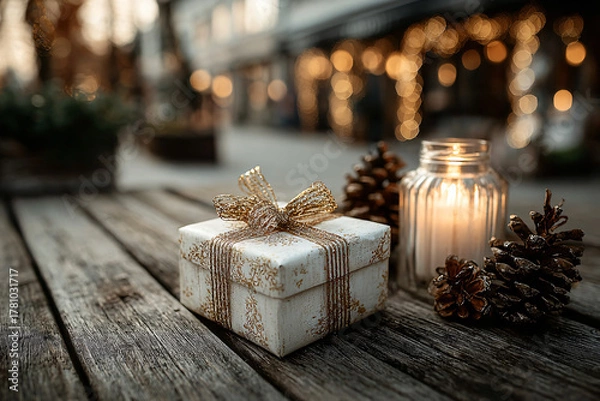 Fototapeta A beautifully wrapped gift box with a golden ribbon placed on a cozy wooden table beside a glowing candle and pinecones. 