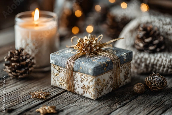 Fototapeta A beautifully wrapped gift box with a golden ribbon placed on a cozy wooden table beside a glowing candle and pinecones. 