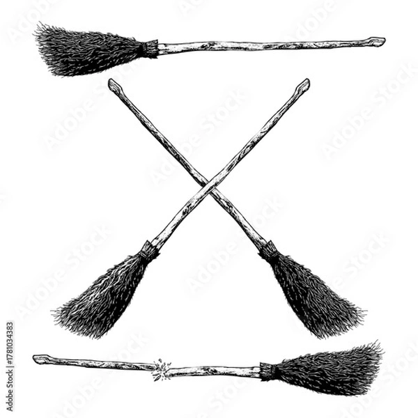 Obraz flying broomstick, depicted in a vintage sketch style. The artwork captures a magical and mystical atmosphere, perfect for fantasy themes, witchcraft design, or Halloween decorations.