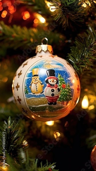 Obraz Christmas Baubles with Snowman. Christmas Decoration on the Christmas tree. Selective focus. Holiday. Christmas Baubles. Christmas. Merry Christmas Concept. New Year. Happy New Year Concept.