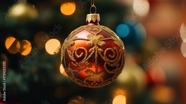 Fototapeta Christmas decoration on the background of the Christmas tree and bokeh. Christmas Baubles. Christmas. Merry Christmas Concept. Happy New Year Concept.
