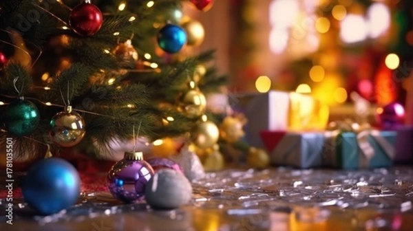 Fototapeta Decorated Christmas tree on blurred background with bokeh lights. Christmas Baubles. Christmas. Merry Christmas Concept. Happy New Year Concept.