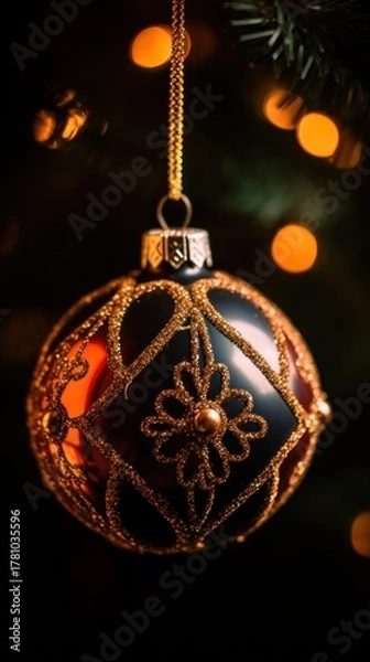 Fototapeta Close up of christmas ball on tree with bokeh background. Christmas Baubles. Christmas. Merry Christmas Concept. Happy New Year Concept.