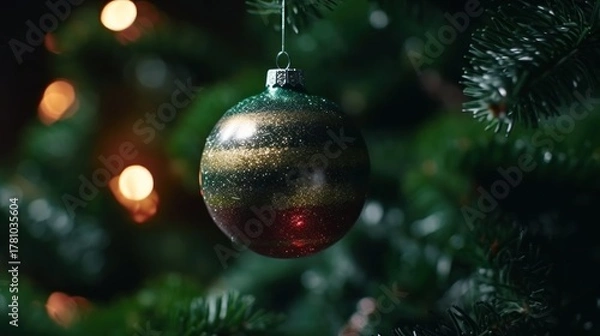 Fototapeta Christmas tree decoration with baubles and lights bokeh background. Christmas Baubles. Christmas. Merry Christmas Concept. Happy New Year Concept.