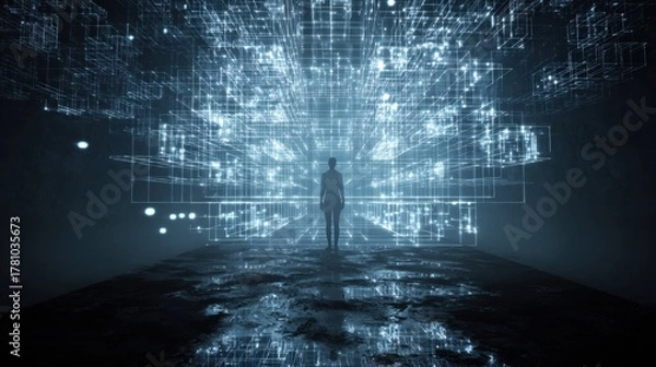 Fototapeta Silhouette In Neon Digital Grid Tunnel Futuristic Data Space And Technology Concept