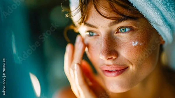 Obraz Smiling woman in a towel applying moisturizing cream to her face, symbolizing morning skincare and self-care routine