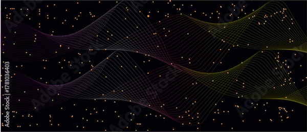 Fototapeta Abstract flowing lines and scattered particles on a dark background