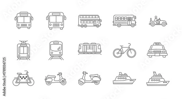 Obraz Outlined Transportation Icons - Buses, Trains, Bikes, Scooters, Boats, and Taxis.
